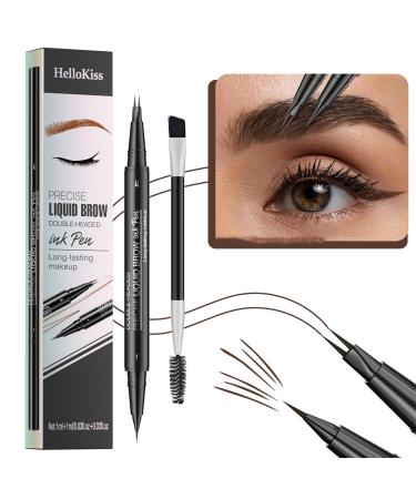 Hello Kiss Microblading Eyebrow Pen 2 Fork Tip Trailott Eyebrow Pen Hellokiss Curved Eyebrow Pen - Microblading Eyebrow Pencil Waterproof 3D Eyebrow Microblading Pen (Dark Brown)