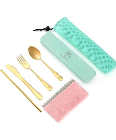 Boulder Bee Camping Utensil Set - Stainless Steel Flatware for Outdoor Picnics - Travel Silverware Set with Case - Includes Knife, Fork, Spoon, Straw, Cleaning Cloth - Gold - Buy Online on GoSupps.com