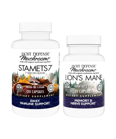 Host Defense Bundle with Stamets 7 120 Count & Lion's Mane Capsules 30 Count - Support Immune Health & Function - Support Brain Health Memory & Focus*