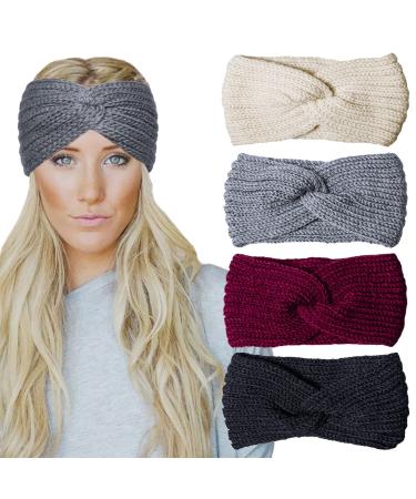 Chalier 4 Pcs Warm Winter Headbands for Women Cable Crochet Turban Ear Warmer Headband Gifts B-Black