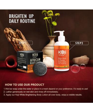 Koji White African Black Soap Bar - Exfoliating & Brightening Face & Body Wash with Shea Butter Kojic Acid & Aloe Vera - Vegan & Paraben-Free (2 Bars - Buy Online on GoSupps.com