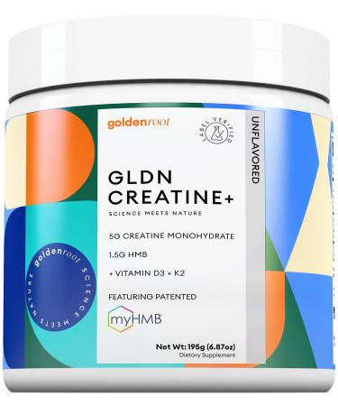 GoldenRoot GLDN Creatine - Creatine Monohydrate with HMB for sustained Muscle Support and Recovery with Vitamin D3 and K2 for Bone and Joint Health - Unflavored - 30 Servings (1)