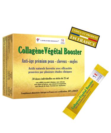 Collagen Vegetal Booster Liquid - 30 x 25 ml - Premium Anti-Aging - Beauty Skin - Hair - Nails - Patented Natural Active Ingredients Proven Effectiveness - Peptides - Hyaluronic Acid - Made in France