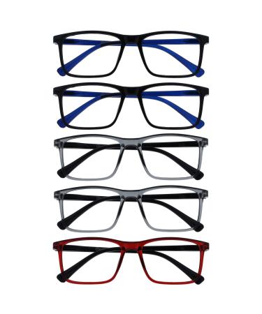 OPULIZE Ink Reading Glasses 5 Pack Large Rectangular Frame Black Transparent Grey Dark Red Spring Hinges Scratch Resistant Mens Womens RRRRR4-1177Z +2.00