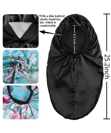 Satin Bonnet Sleep Cap Set for Black Women - 2 Pcs Silk Bonnets for Curly Hair, Braids, Dreadlocks - Soft Elastic Band, Satin Material - Black+Blue Flower Design - Buy Online on GoSupps.com