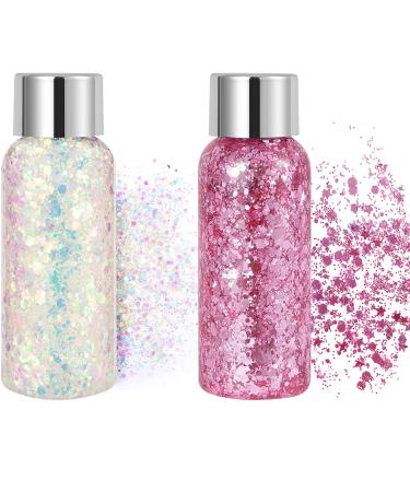 2Pcs Holographic Body Glitter Gel  Long Lasting Waterproof Chunky Liquid Glitter Gel Rave Festival Party Makeup for Body  Hair  Face  Nail  Eyeshadow  UP to 12 Hours  1oz (Laser White & Pink)