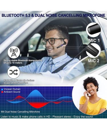 48Hrs V5.3 Bluetooth Headset with Microphone - Wireless Handsfree Earpiece for Cell Phone, Business, Office, Driving - Bluetooth Headphones for iPhone, Android, Samsung - Black - Buy Online on GoSupps.com