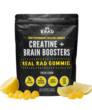 B.rad Real Rad Gummies | Creatine & Brain Boosters for Muscle Strength & Recovery, Cognitive Focus, Motivation, and Mood | 5-Gram Creatine Dose | Natural Fresh Lemon Flavor | 100 XL Gummies