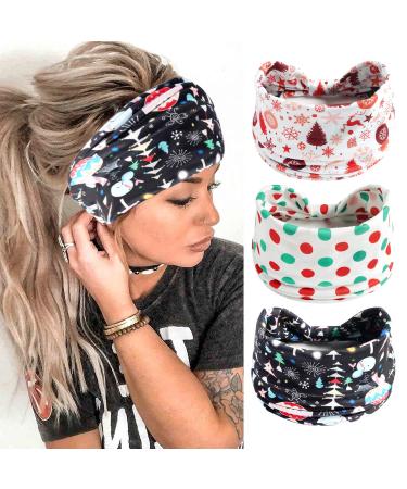 Ainuno Womens Christmas Headbands Red Green Polka Dots Party Xmas Head Bands Workout Thick Party Bandana Winter Fashion Yoga Head Bands Hair Knotted Elastic Stretch Headwear Pack of 3 Christmas Headbands 3