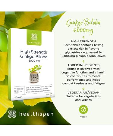 Healthspan Ginkgo Biloba 6000mg | High Strength 180 Tablets | Rich in Iodine & Vitamin B5 | Vegan-Friendly Formula - Buy Online on GoSupps.com