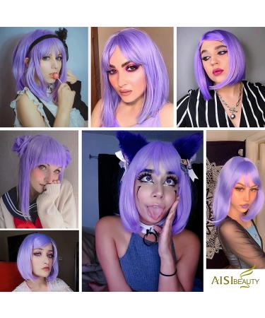 Bob Short Purple Wig with Bangs for Women - Lavender Silky Straight Costume Cosplay Party Daily Use 12 - Heat Resistant Synthetic Hair (Light Purple) - Buy Online on GoSupps.com