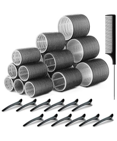 Kouclaa 31 Pcs Black Hair Roller Set Hair Rollers With Clips 3 Size(64mm 48mm 36mm) 18 Pcs Rollers for Hair Volume and 12 Hair Clips and 1 Comb Hair Rollers for Long Hair Medium and Short Hair Black(64mm 48mm 36mm)