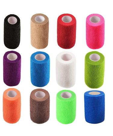 VCCGY 12 Pack 3” x 5 Yards Self Adhesive Bandage Assorted Color Breathable Cohesive Bandage Wrap Rolls Elastic Self-Adherent Tape for Stretch Athletic, Sports, Wrist, Ankle,12 Count Assorted Color-12 Pack