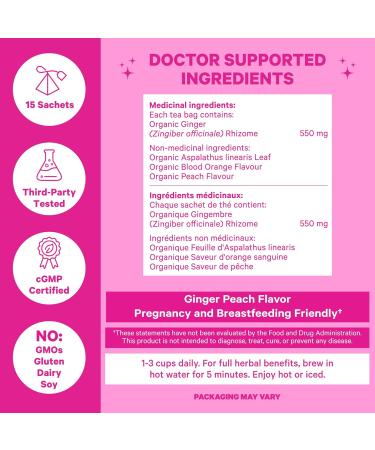 Pink Stork Nausea Relief Tea: 100% Organic Nausea Relief Tea Ginger Tea for Motion Sickness Digestion Nausea Relief for Women Women-Owned Ginger Peach 30 Cups - Buy Online on GoSupps.com