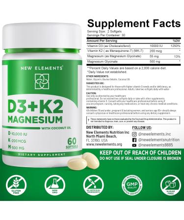 New Elements Vitamin D3 K2 10 000 IU with Magnesium Glycinate 500mg - Bone Health Immune Support Energy & Mood - Non-GMO Gluten-Free Sugar-Free Softgels for Women & Men (60 softgels) - Buy Online on GoSupps.com