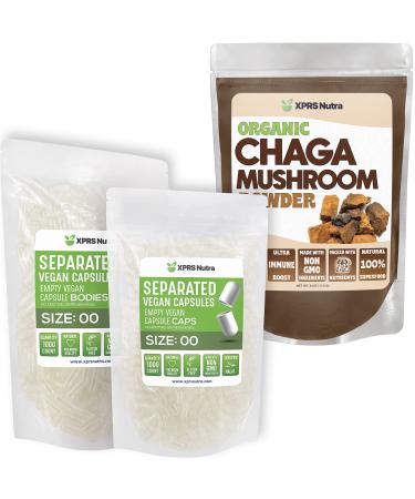 XPRS Nutra Separated Size 00 Capsules (1000 Count) with Chaga Powder (8 Ounce) Bundle