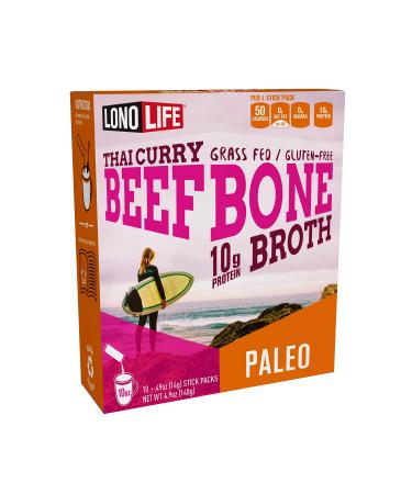 LonoLife - Thai Curry Beef Bone Broth Sticks - 10g Collagen Protein - Grass-Fed, Gluten-Free - Keto & Paleo Friendly - Portable Individual Packets - 10 count Thai Curry Beef Bone Broth 0.53 Ounce (Pack of 10)