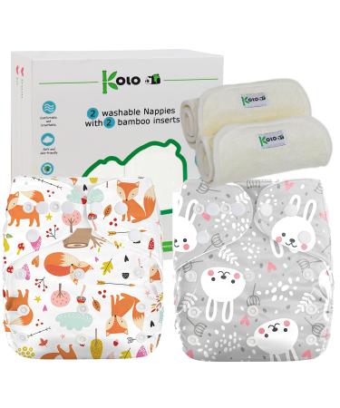 Colo reusable diapers - washable cloth diaper set: 2 washable adjustable fabric diaper with 2 bamboo inserts.Tower diapers 100% environmentally friendly Foxes and Rabbits