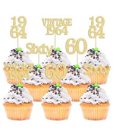 Gyufise 24Pcs 60th Birthday Cupcake Toppers Cheers to 60 Fabulous Sixty Cupcake Picks Vintage 1964 Decorations for 60th Birthday Wedding Anniversary Party Cake Decorations Supplies Gold Gold 60th