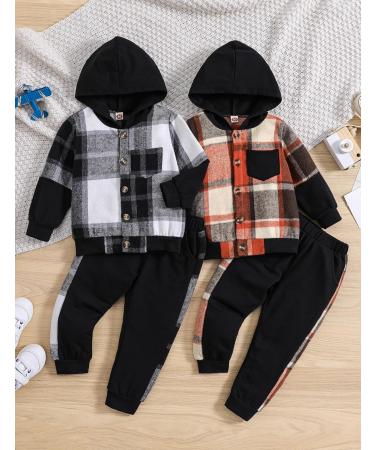 Qiraoxy Toddler Baby Boy Plaid Hoodie Sweatshirt Outfit Set, 1-2 Years Brown - Buy Online on GoSupps.com