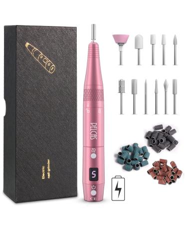 Cordless Electric Nail Drill, PELCAS Professional Portable Manicure Nail Drill Kit 20000RPM Rechargeable 5 Adjustable Speeds LCD Display 11 Attachments for Acrylic Nails, Polishing, Nail Art Pink