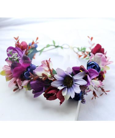 Floral Crown Headband Flower Garland Headband Hair Wreath Hair Garland Flower Halo Floral Headpiece Boho with Ribbon Wedding Party Festival Purple One Size - Buy Online on GoSupps.com