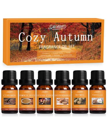 SALUBRITO Fall Fragrance Oils Set Autumn Essential Oil for Diffuser Candle Making Aromatherapy Oils Gift - Cinnamon Pumpkin Spice Vanilla Snickerdoodle Spiced Cider Nutmeg 6x10ml