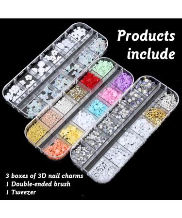Yolev 3D Nail Art Gem Decoration Kit - Acrylic Butterfly, White Flowers, Bear, Starry AB Crystal Nail Charms for Crafting - Includes Dual-End Brush and Tweezer - Buy Online on GoSupps.com