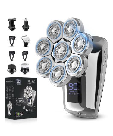 8D Electric Head Shaver for Bald Men, Upgrade 6-in-1 Floating Head Shaver for Mens, Waterproof Wet/Dry Grooming Kit(Silver) WD-6800 Silver