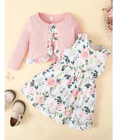 Puseky Toddler Baby Girls Floral Print Dress and Cardigan Set | Sleeveless Outfit for Baby Girl | 2Pcs Set | 2-3 Years | Pink - Buy Online on GoSupps.com