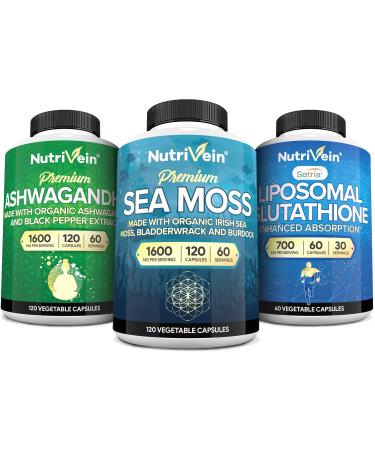 Nutrivein Premium Irish Sea Moss Capsules, Ashwagandha, and Liposomal Glutathione Supplement Bundle: Sea Moss, Reduced Glutathione, & Ashwagandha Supplements for Immunity, Mood, Digestion, & Detox