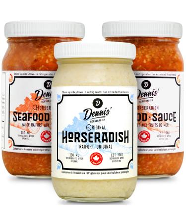 Dennis' Horseradish Seafood Lover's Variety Pack. Fresh Ground Horseradish & Seafood Sauce. Medium Heat. 100% Canadian Farm to Fork. Perfect On Shrimp Fish Burgers Steaks Chicken Wings. 250 ml Jar (Pack of 3)