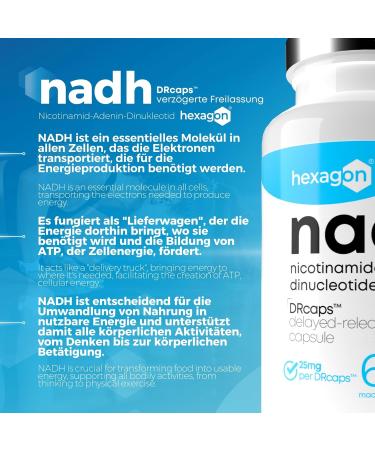 NADH 25mg - 60 Vegan Capsules - Delayed Release DRCAPS for Cell Energy & Metabolism - Made in France - International Shipping Available - Buy Online on GoSupps.com