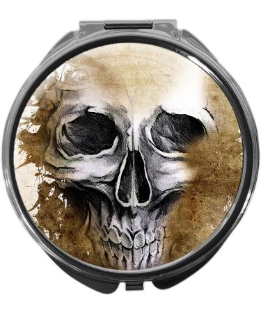 metALUm pill box with mirror round metal 3 compartments SKULL #1197