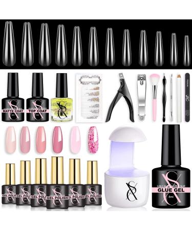 SXC Cosmetics G-45 Pink Gel Nail Polish Kit with XXL Nail Tips and Glue Gel Nail Art Extension Professional Starter Kit