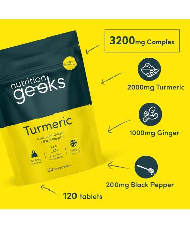 Nutrition Geeks Turmeric Tablets 2000 mg with Black Pepper & Ginger High Strength Curcumin Supplements Vegan and Gluten Free UK Made 120 Count - Buy Online on GoSupps.com