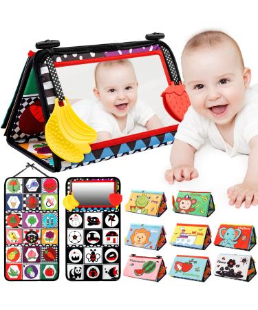 Oukzon Baby Toys 0-6 Months Tummy Time Mirror Infant Newborn Toys with Montessori Sensory Crinkle Black & White Book and Teethers 0-3-6-12 Months Boys Girls Baby Gift