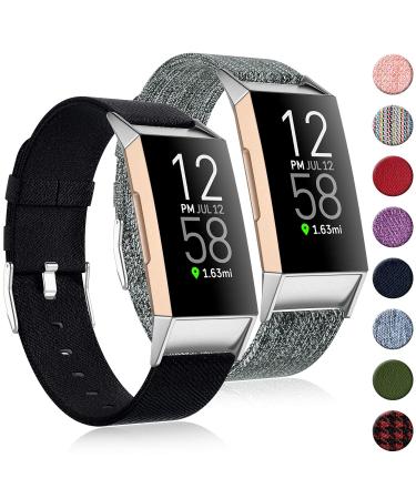 (2 Pack) Witzon Fabric Woven Bands Compatible with Fitbit Charge 4 / Charge 3 / Charge 3 SE, Breathable Canvas Replacement Straps Wristbands Accessories for Women Men, Black Charcoal, Small Small Black / Charcoal