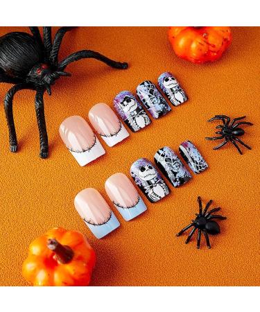 24Pcs Halloween Press on Nails | Short Square Acrylic Nails with Skulls Cobwebs & Glossy Finish - Perfect for Women & Girls - Buy Online on GoSupps.com