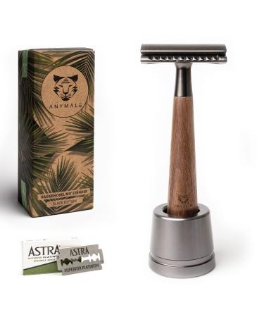 ANYMALE safety razor made of walnut wood - set with stand and 5 ASTRA blades - zero waste razor for women and men