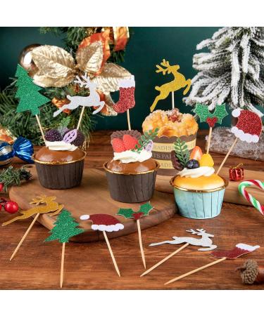 120pcs Christmas Cupcake Toppers Glitter Xmas Cake Decorations Christmas Tree Hat Socks Reindeer Food Fruit Picks for Holiday Birthday Christmas Party Supplies Dessert Baking Decor - Buy Online on GoSupps.com