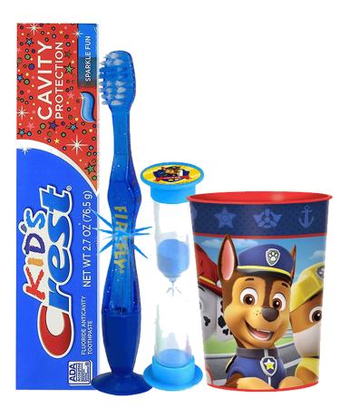 Paw Patrol Chase Inspired 4pc Bright Smile Oral Hygiene Set! Flashing Lights Toothbrush  Toothpaste  Brushing Timer & Mouthwash Rise Cup! Plus Bonus Remember to Brush Visual Aid!