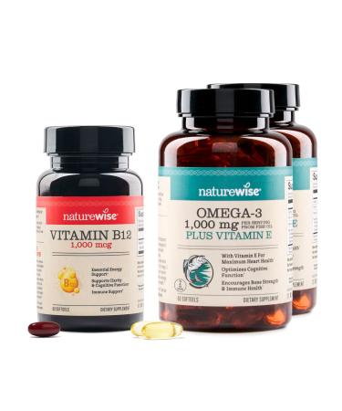 NatureWise 1 Vitamin B12 1000 mcg - Gluten-Free Non-GMO - 60 Softgels 60-Day Supply + (Pack of 2) Omega 3 Fish Oil 1000mg + Vitamin E - Wild-Caught - 60 Softgels 30-Day Supply