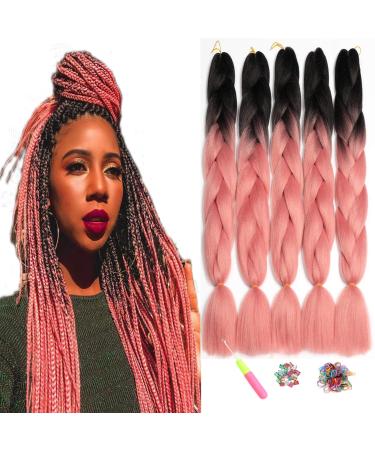 Showjarlly jumbo braid art hair hair ombre braid extension 24 inch KanCalon hair braid extensions 5 pieces for crochet twist braid hair box braid for braid black/pink# 61cm-24 inch (5 pack) black/pink
