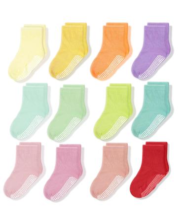 CozyWay Kids Non Slip Cotton Crew Socks Baby Socks Toddler Socks Anti Skid With Grips Striped for Children Toddler Boys & Girls 3-5 Years Girls Pastel Colors 12 Pairs