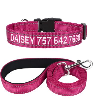 Tagme dog collar and leash personalizing reflective dog collar with 1.5m double -sided reflective dog leash for small hot pink s (1 Pack) hot pink set