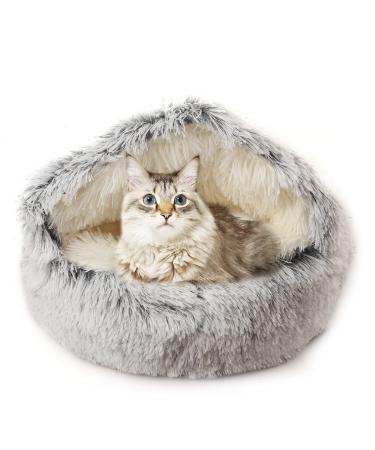 Cat Bed with Hooded Blanket, Round Soft Plush Burrowing Cave Hooded Cat Bed Donut for Small Dogs or Cats, Machine Washable Slip Resistant Bottom,Ultra Soft Plush Cushion 24x24 inch Grey