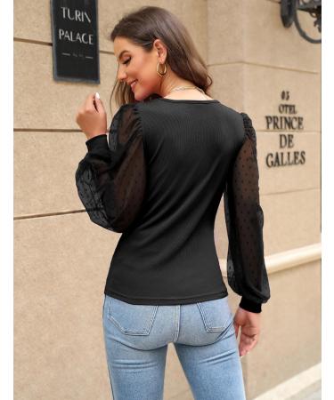 Fayenne Womens Tops Deep V Neck Cross Wrap Sexy Tops Polka Dot Mesh Long Sleeve T Shirt Casual Blouses XL Black - Buy Online on GoSupps.com