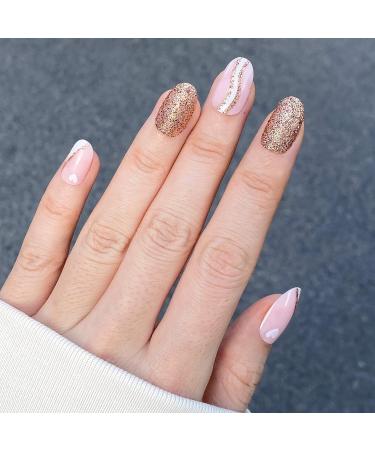 Novo Ovo Short Oval Almond Pink French Tip Press-On Nails - Glitter White Heart Artificial Fingernails with Glue | Shop Internationally! - Buy Online on GoSupps.com