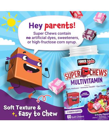 Buy Force Factor Kids Multivitamin Super Chews - 18 Essential Vitamins & Minerals for Immune & Eye Health - Multi-Flavor 60 Soft Chews - International Shipping Available - Buy Online on GoSupps.com